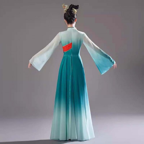 Green gradient chinese Classical dance costumes for women Female flowing hanfu Han and Tang Dynasty big swing skirt Repertoire for art examinations dress for female